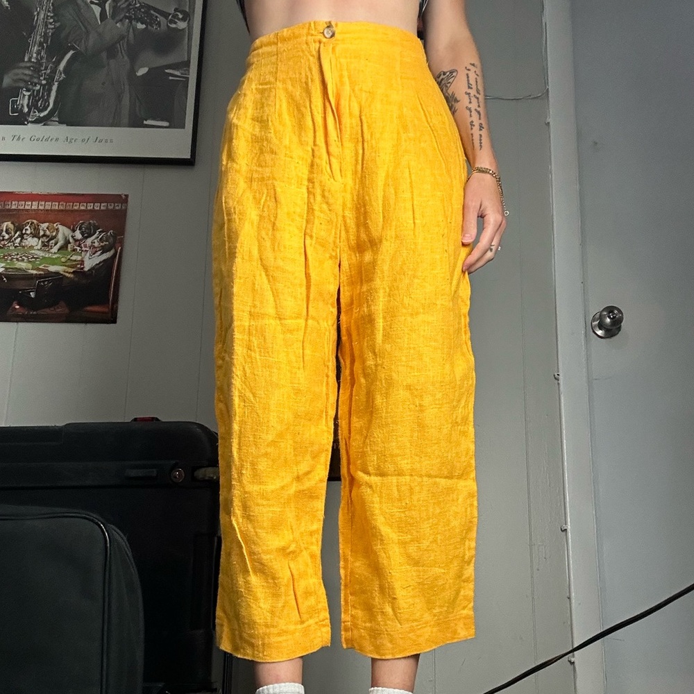 100% Linen Harve Benard Yellow Cropped Pants Size 6
